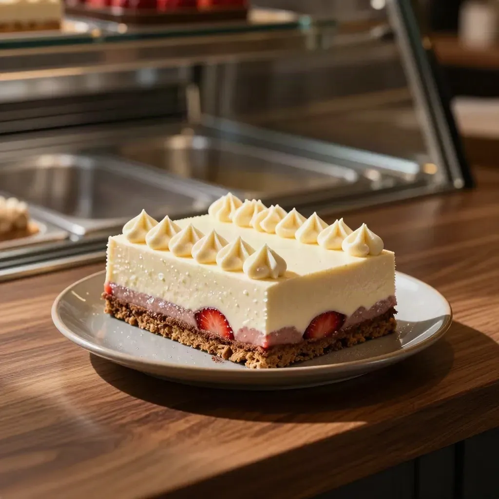 Torta gelato rettangolare alla fragola e crema su piatto, con cristalli di gelo e accento cacao.