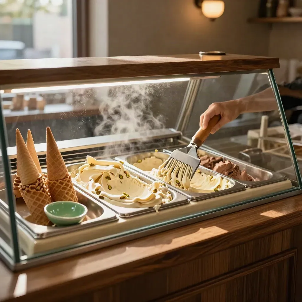 Vaschetta di gelato alla crema con ribbon di vaniglia, coni e spatola dietro il banco appannato.