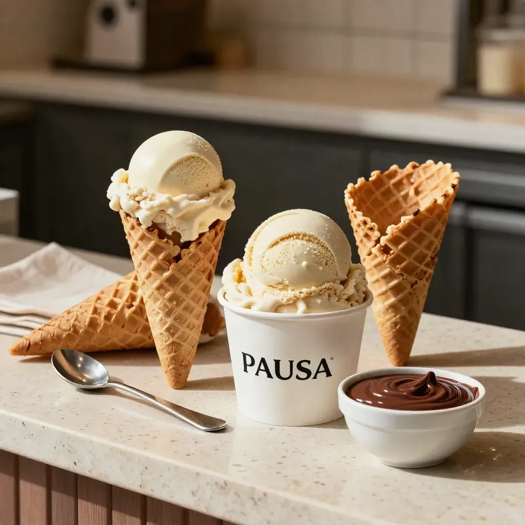 Due coni, una coppetta grande e salsa al cacao su banco di travertino, luce calda.
