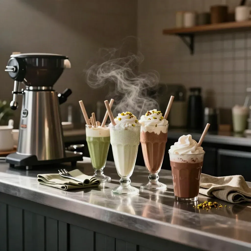 Frullatore da milkshake, bicchieri alti e coppa di cacao montato su banco d’acciaio, luce drammatica.