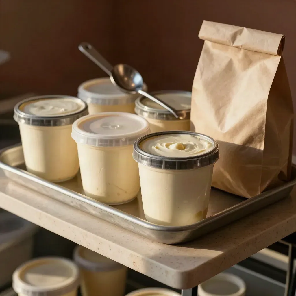 Vaschette da asporto, cucchiaio e semifreddo in un vassoio, pronti per uscire.