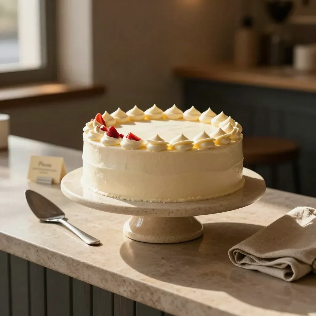 Torta gelato di compleanno su alzata, con accenti fragola e atmosfera elegante.