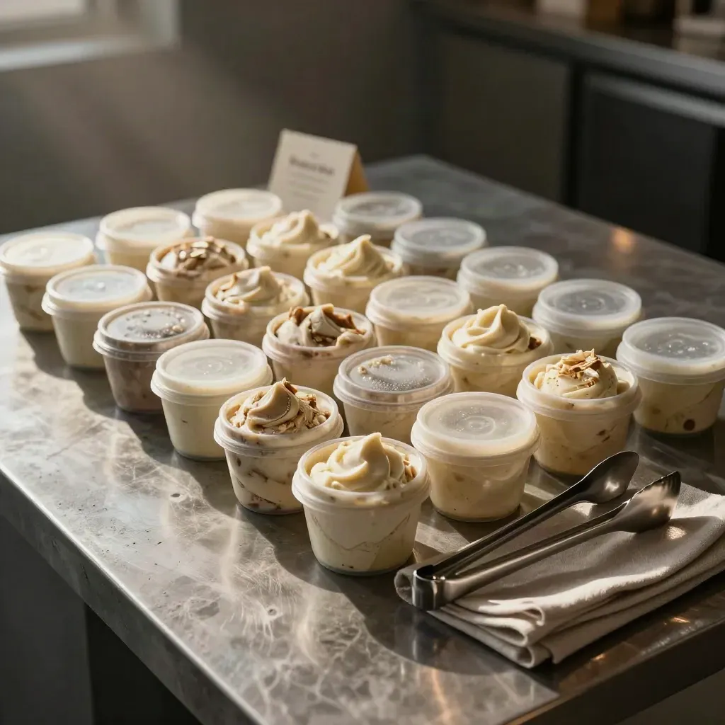 File di coppette gelato pronte per un catering in un laboratorio gelateria.
