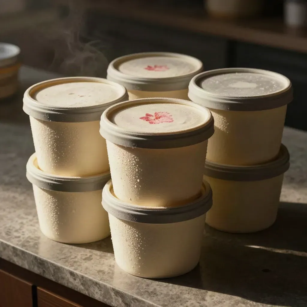 Vaschette gelato impilate con condensa, luce radente e accento fragola sul banco.