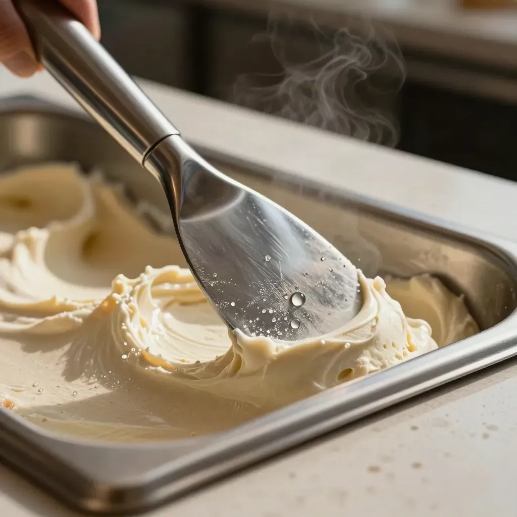 Spatola gelato in acciaio su vaschetta metallica con crema, micro-gocce e brina.