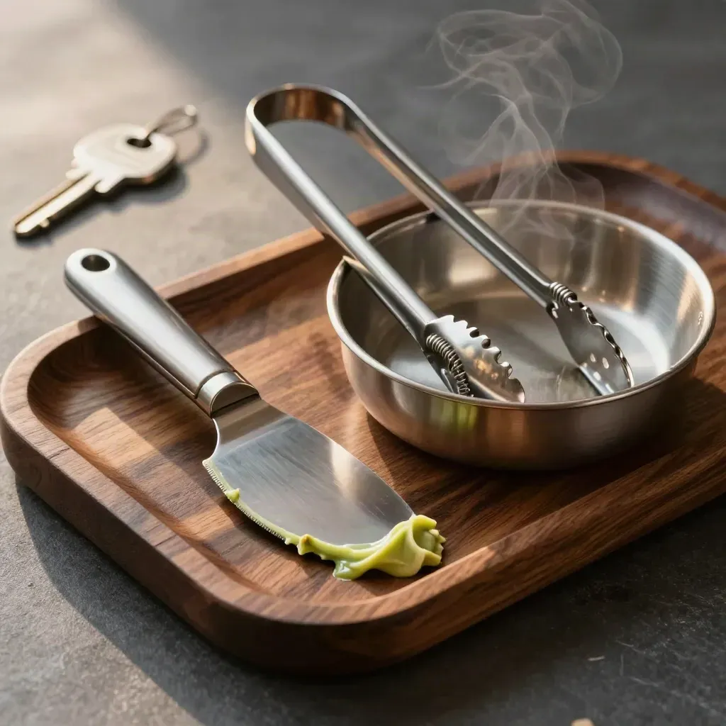 Palette, pinze per cialde e vaschetta in acciaio su piano scuro, con accento pistacchio e vapore freddo.