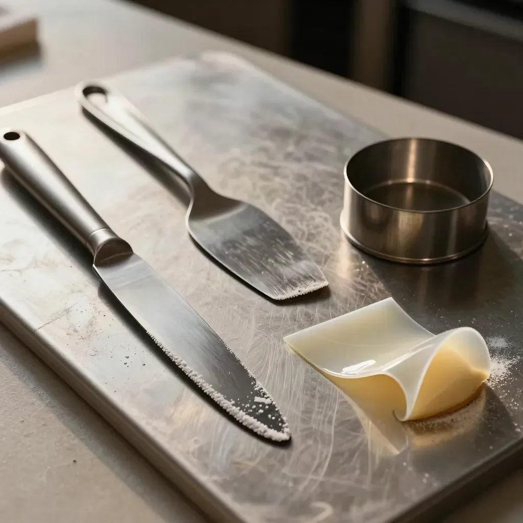 Utensili di pasticceria fredda su acciaio: coltello, spatola, anello e foglio acetato.