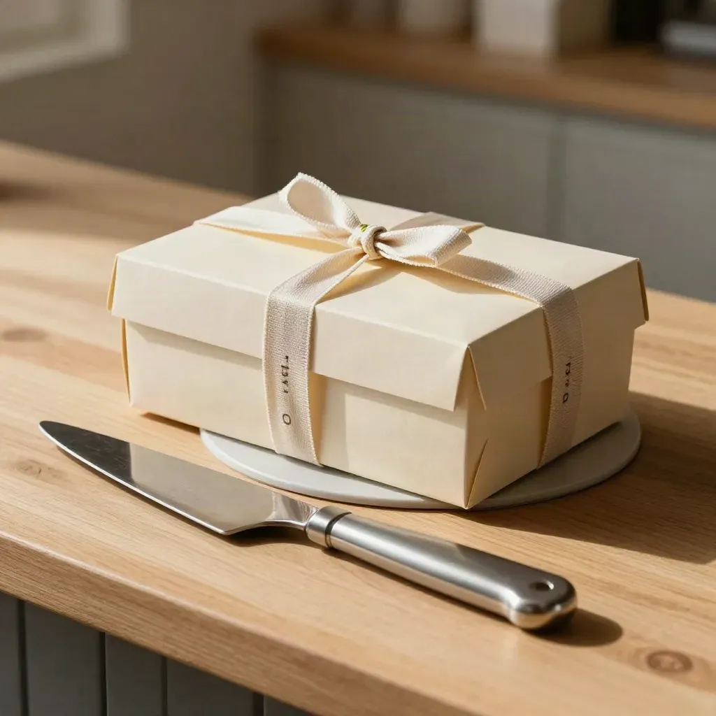 Scatola portatorta chiusa con nastro, coltello da torta e base su banco di legno chiaro.