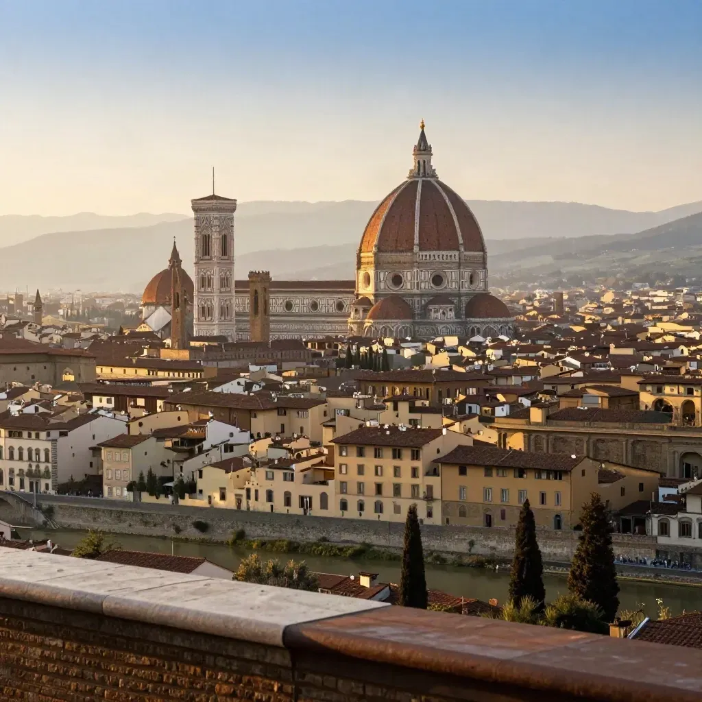 Firenze all’ora blu con Duomo alto e Arno calmo in basso, vista ampia e velata.