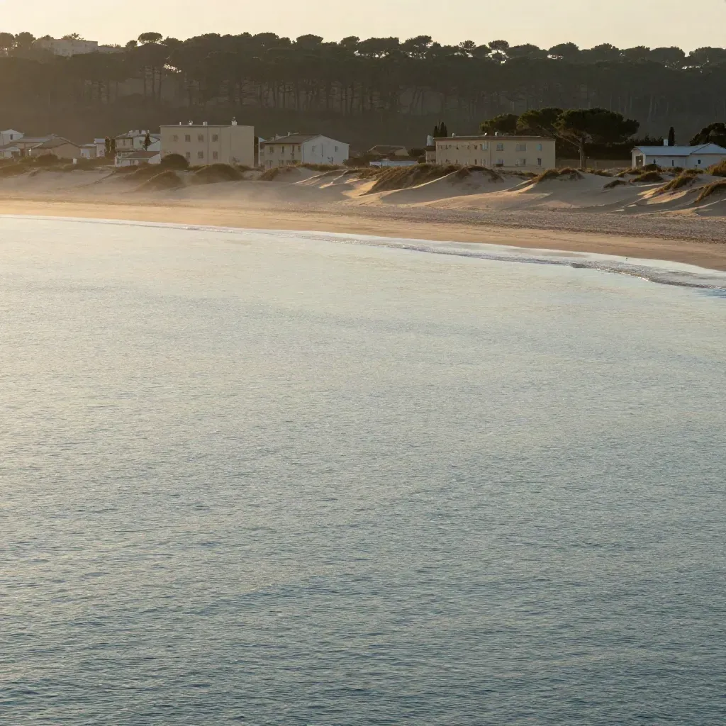 Costa toscana al tramonto con mare calmo, pinete scure e architetture basse.