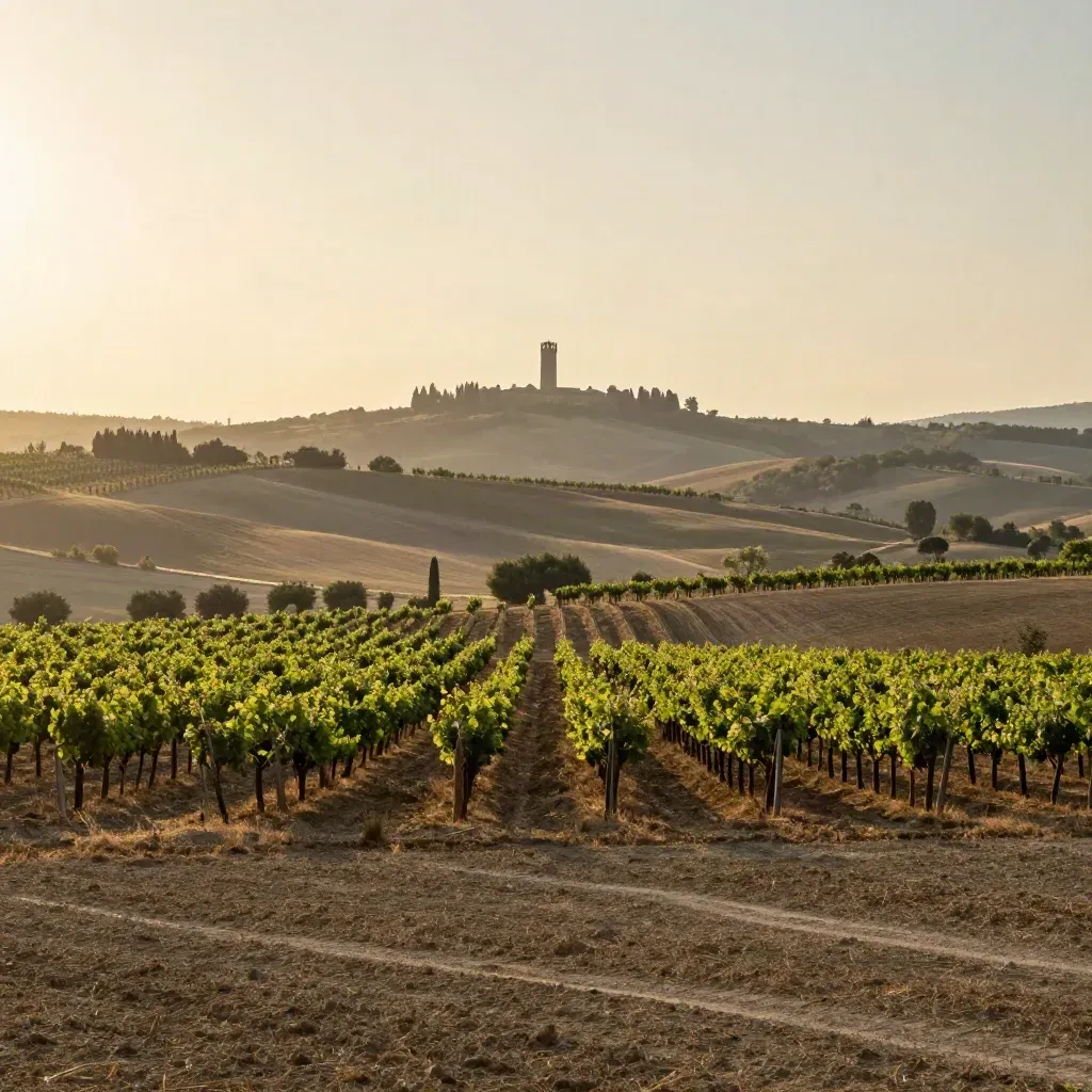 Campagna tra Rimini e Ravenna al tramonto con filari, campi morbidi e torre lontana